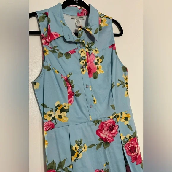 Unique Vintage Light Blue & Blooming Floral Print Button Up Swing Dress NWT L - Picture 5 of 10